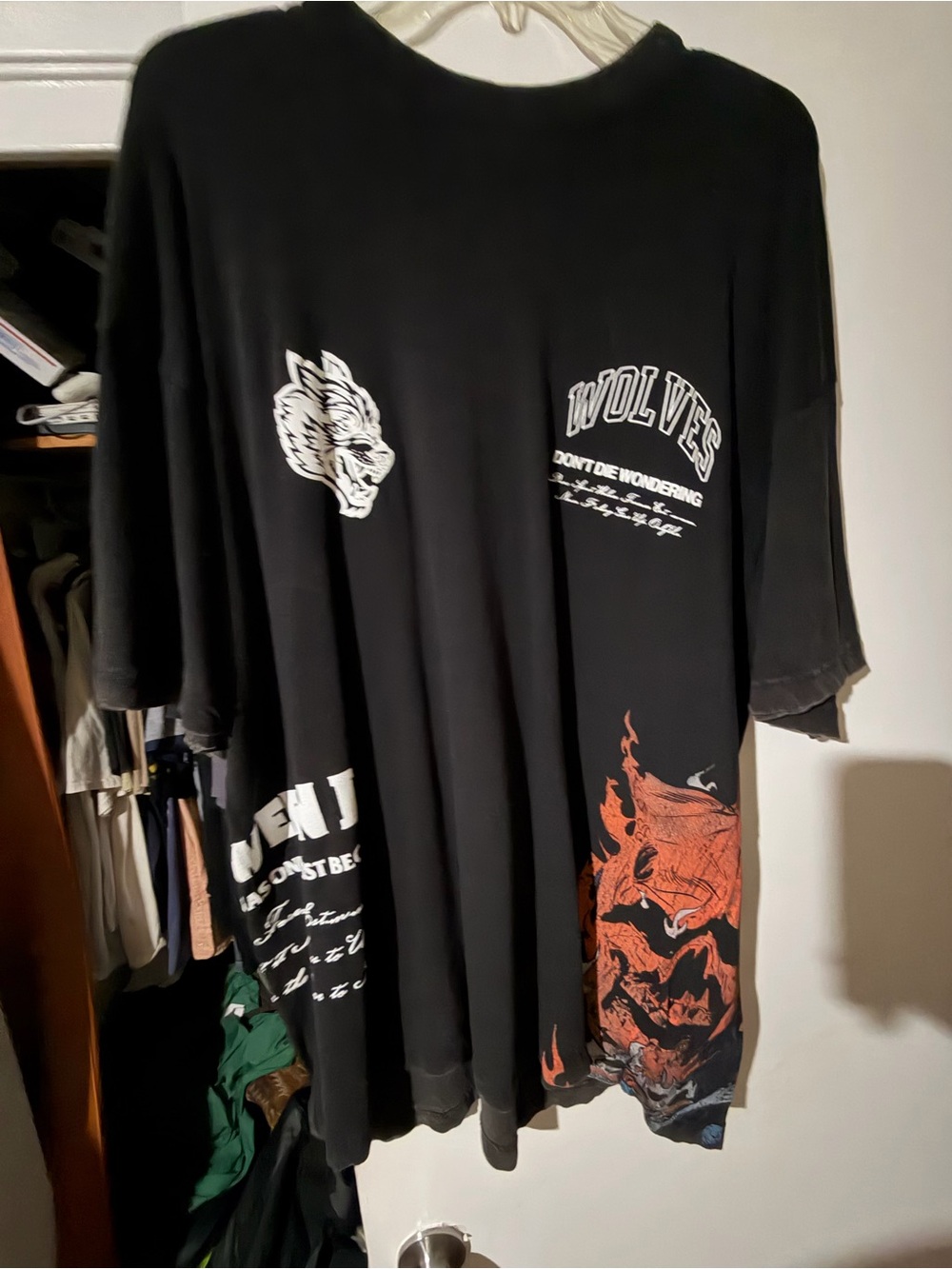 Darc Sport Black Short-Sleeve Tee with White Wolf and Orange Flame Graphics